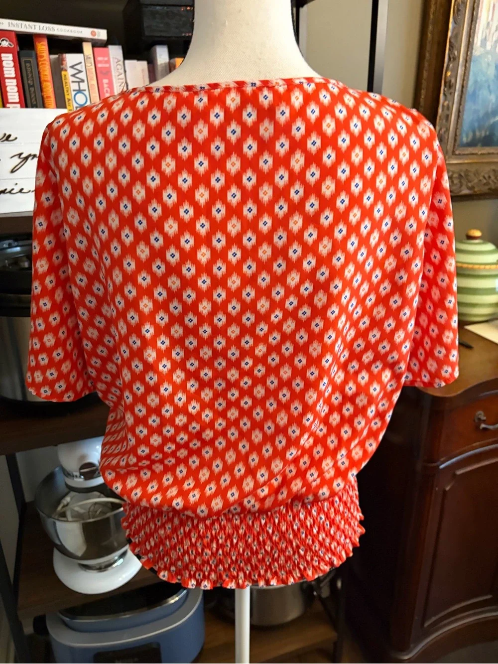 MICHAEL Michael Kors Orange Patterned Short Sleeve Smocked Hem Blouse